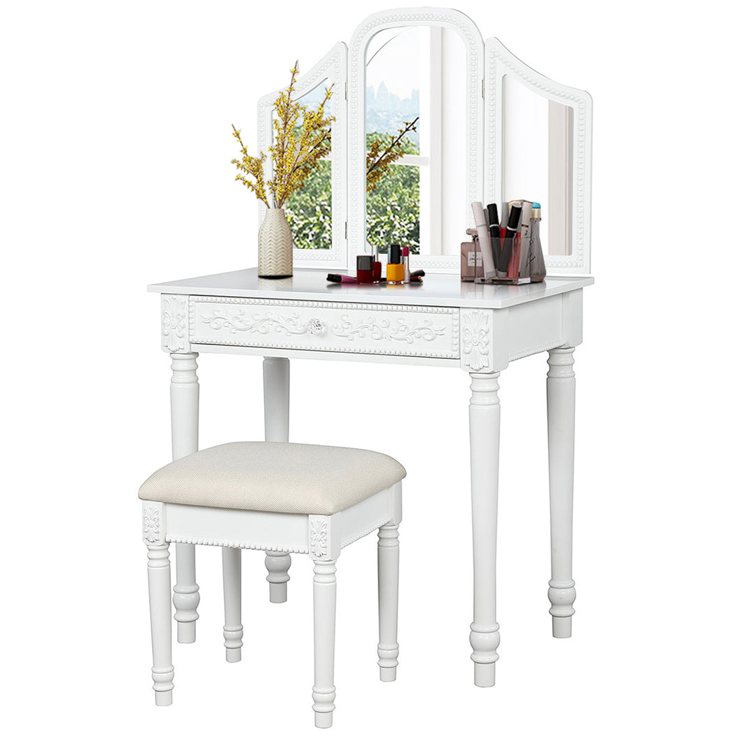 Gymax Vanity Dressing Makeup Table Set w/Tri-Folding Mirror Large Drawer & Stool White
