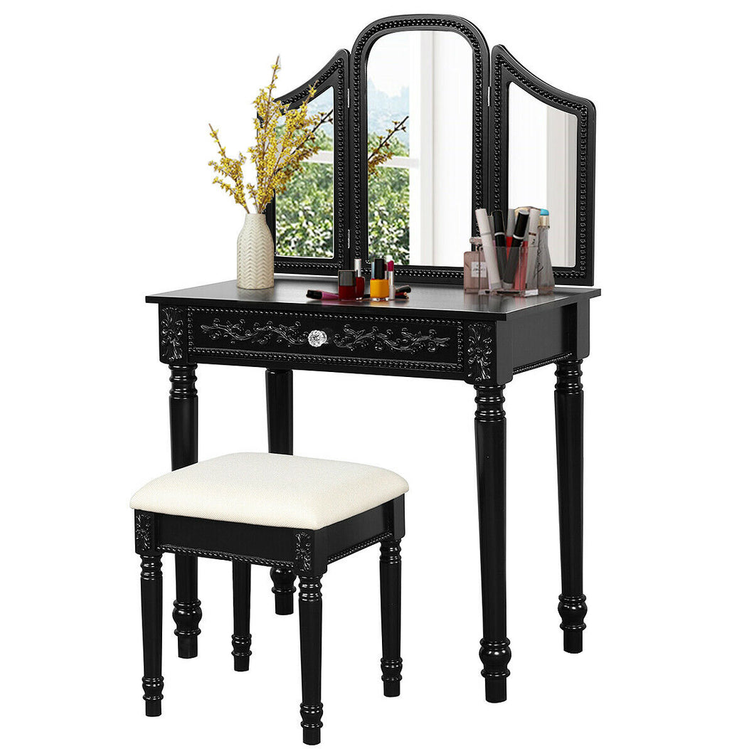 Gymax Vanity Dressing Makeup Table Set w/Tri-Folding Mirror Large Drawer & Stool Black