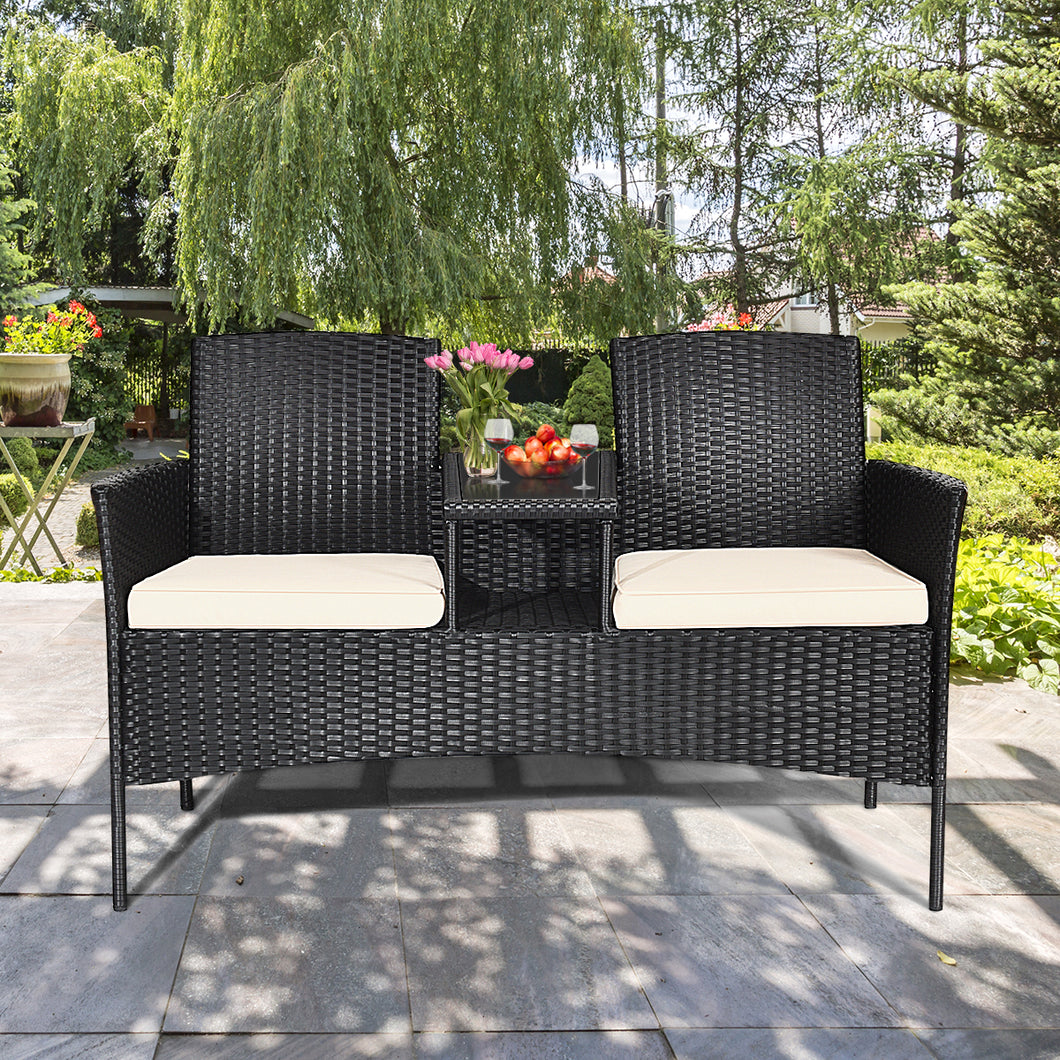 Gymax Cushioned Patio Rattan Seat Loveseat Sofa Table Chairs