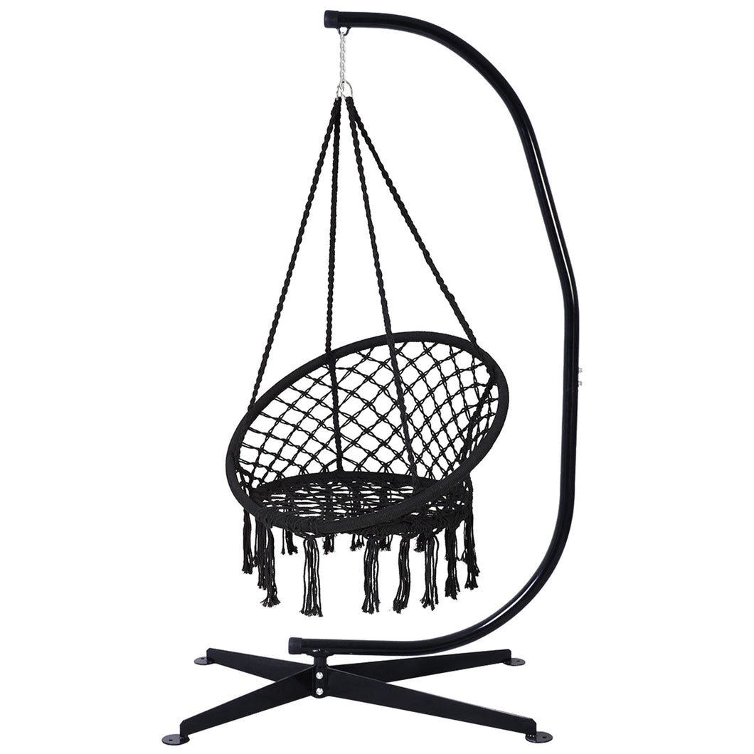 Gymax Hammock Chair Hanging Cotton Rope Macrame Swing Chair w/ Stand Black