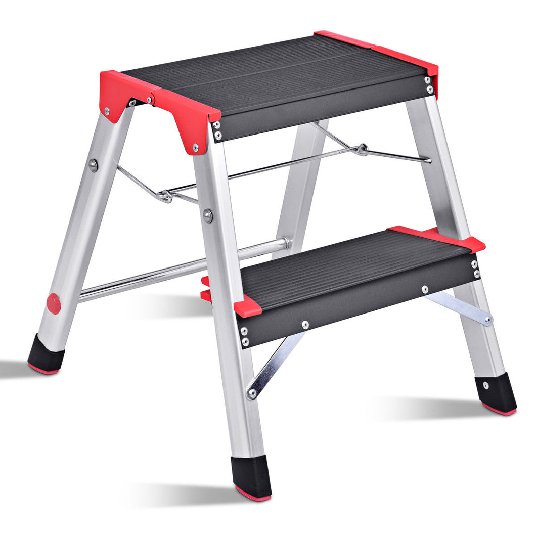 Gymax Folding Aluminum Lightweight Ladder 2 Step Non-Slip Platform Stool