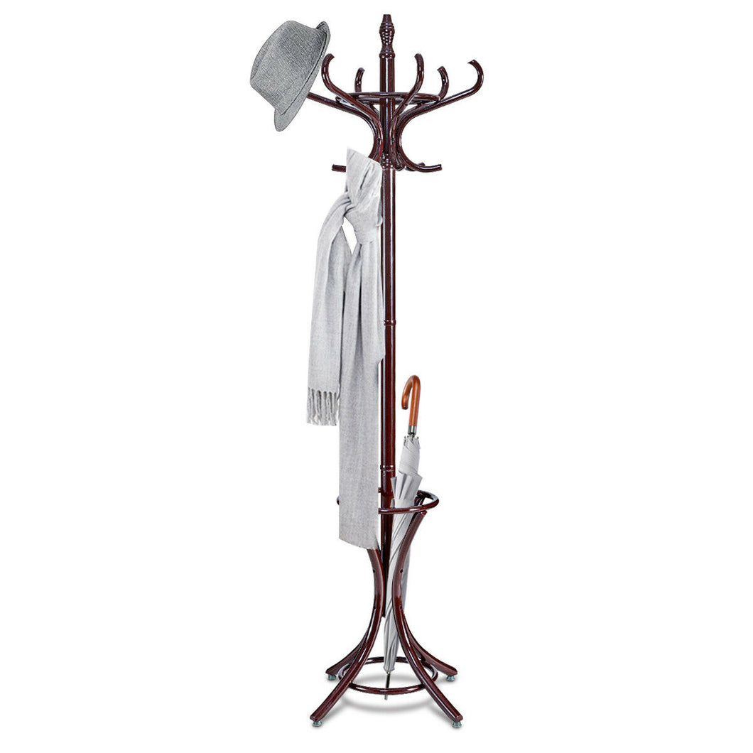 Gymax Wood Standing Hat Coat Rack Jacket Bag Hanger Tree 12 Hooks Reddish Brown w/ Umbrella Stand