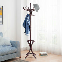 Load image into Gallery viewer, Gymax Wood Standing Hat Coat Rack Jacket Bag Hanger Tree 12 Hooks Reddish Brown w/ Umbrella Stand
