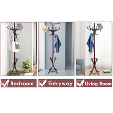 Load image into Gallery viewer, Gymax Wood Standing Hat Coat Rack Jacket Bag Hanger Tree 12 Hooks Reddish Brown w/ Umbrella Stand
