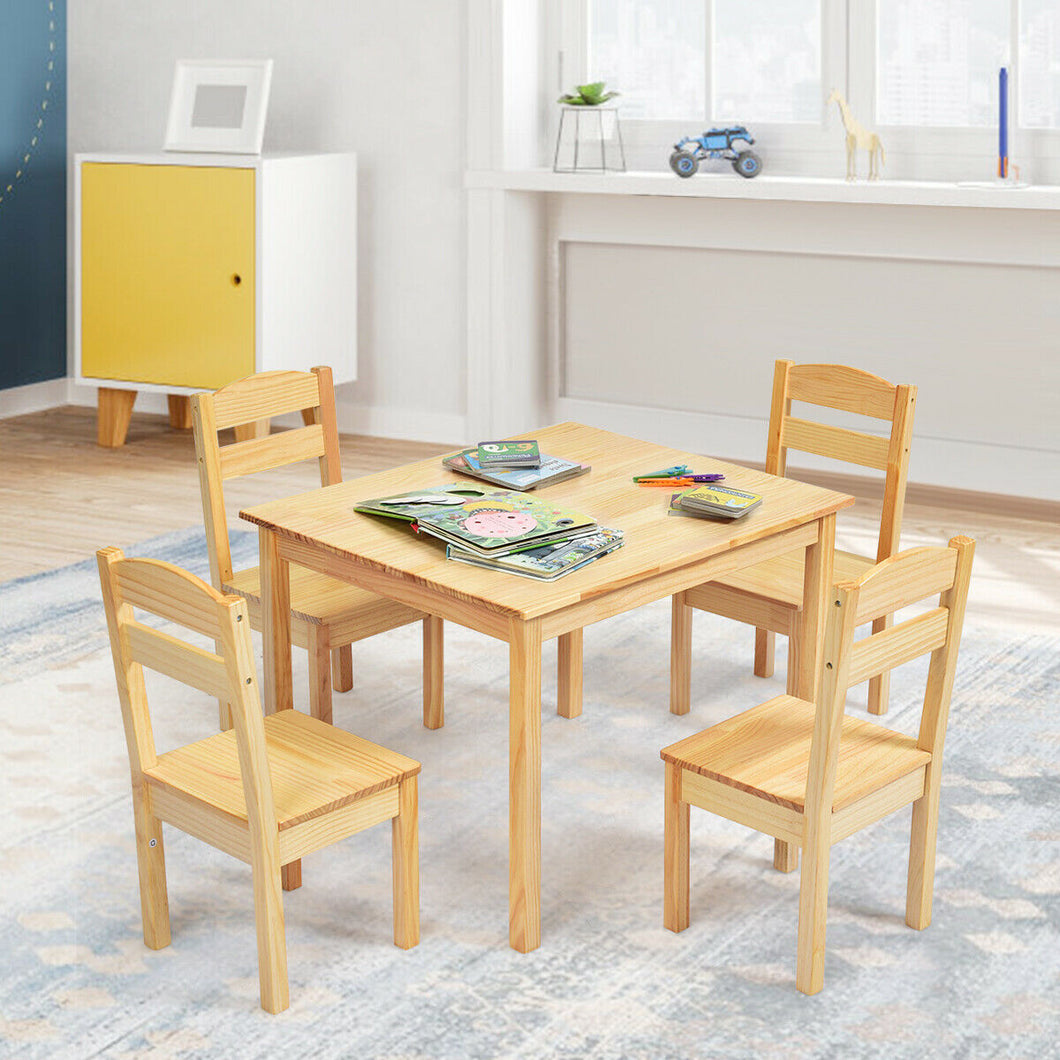 Gymax Kids 5 Piece Table Chair Set Pine Wood Children Play Room Furniture Natural