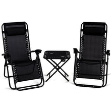 Load image into Gallery viewer, Gymax 3PC Zero Gravity Reclining Lounge Chairs Table Pillows Folding Portable Black
