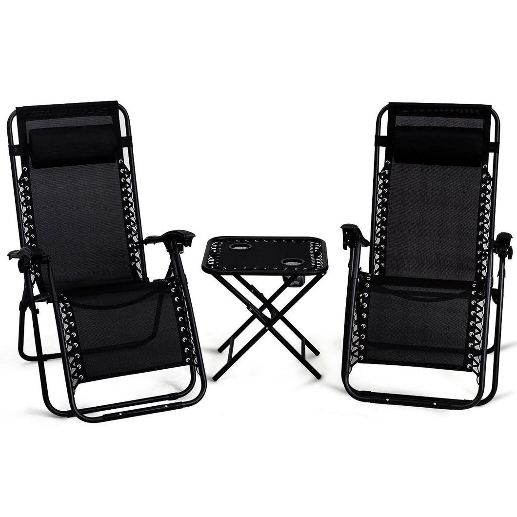 Gymax 3PC Zero Gravity Reclining Lounge Chairs Table Pillows Folding Portable Black