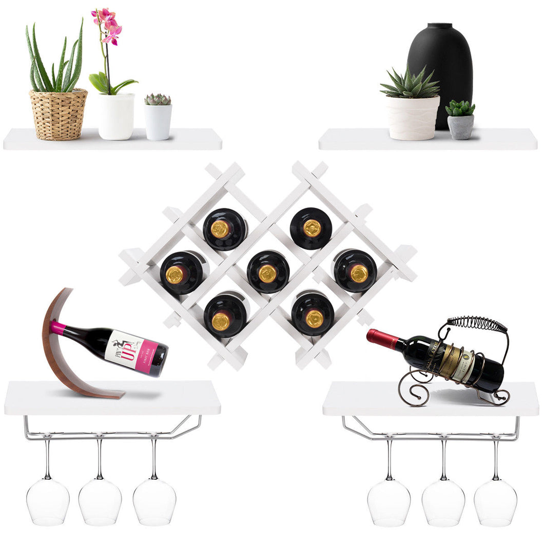 Gymax Set of 5 Wall Mount Wine Rack Set Storage Shelves and Glass Holder White