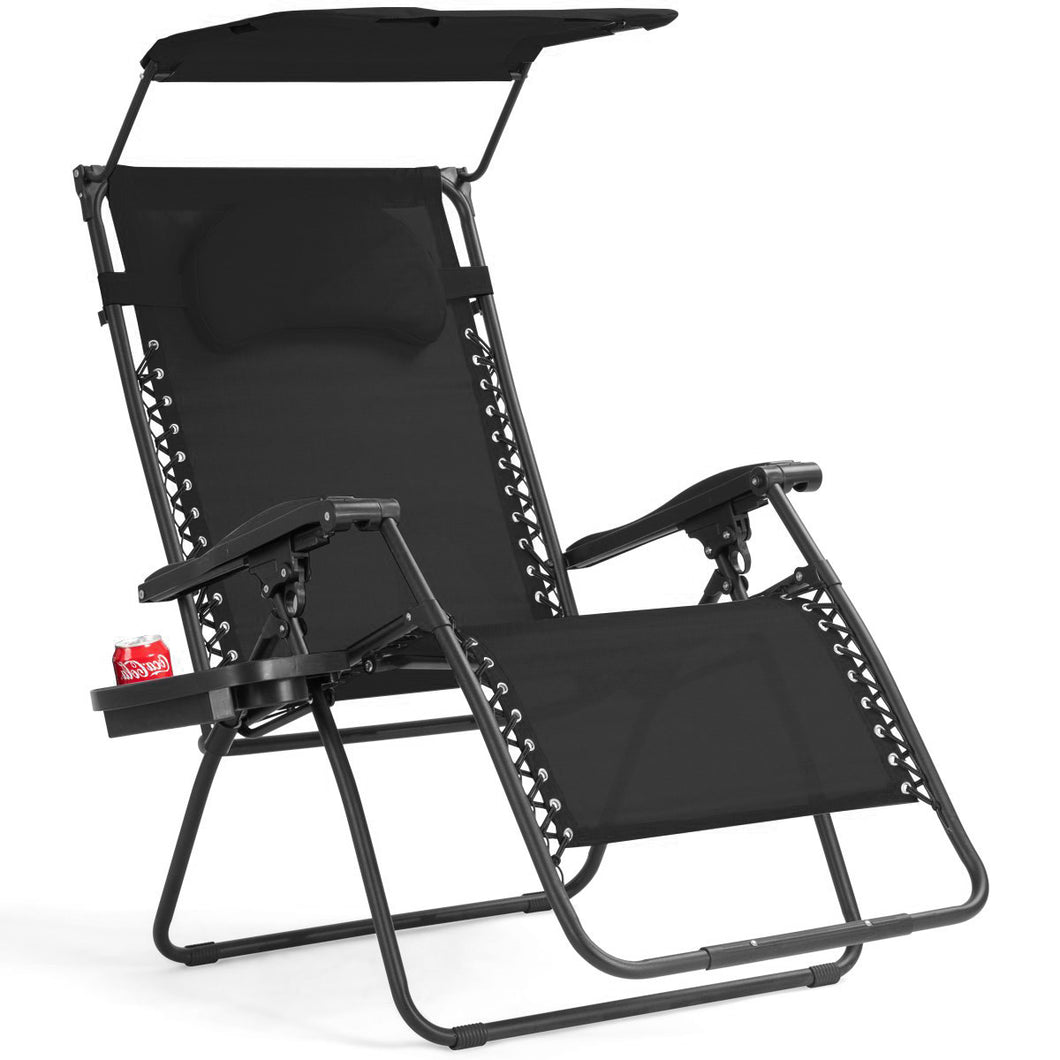 Gymax Folding Recliner Zero Gravity Lounge Chair W/ Shade Canopy Cup Holder Black