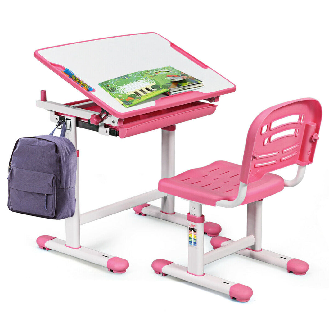 Gymax Height Adjustable Children's Desk Chair Set Multifunctional Study Drawing Pink
