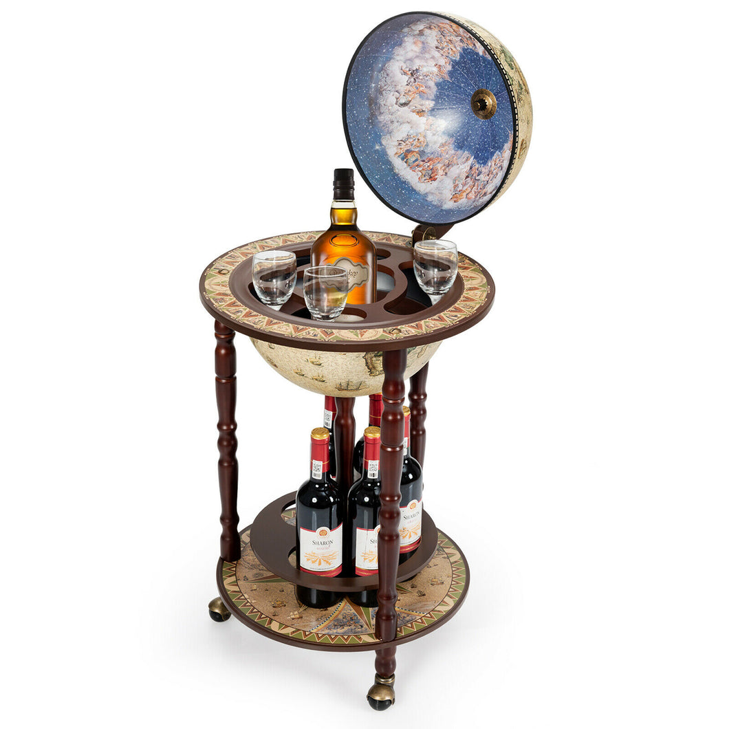 Gymax 17'' Wood Globe Wine Bar Stand 16th Century Italian Rack Liquor Bottle Shelf Cart
