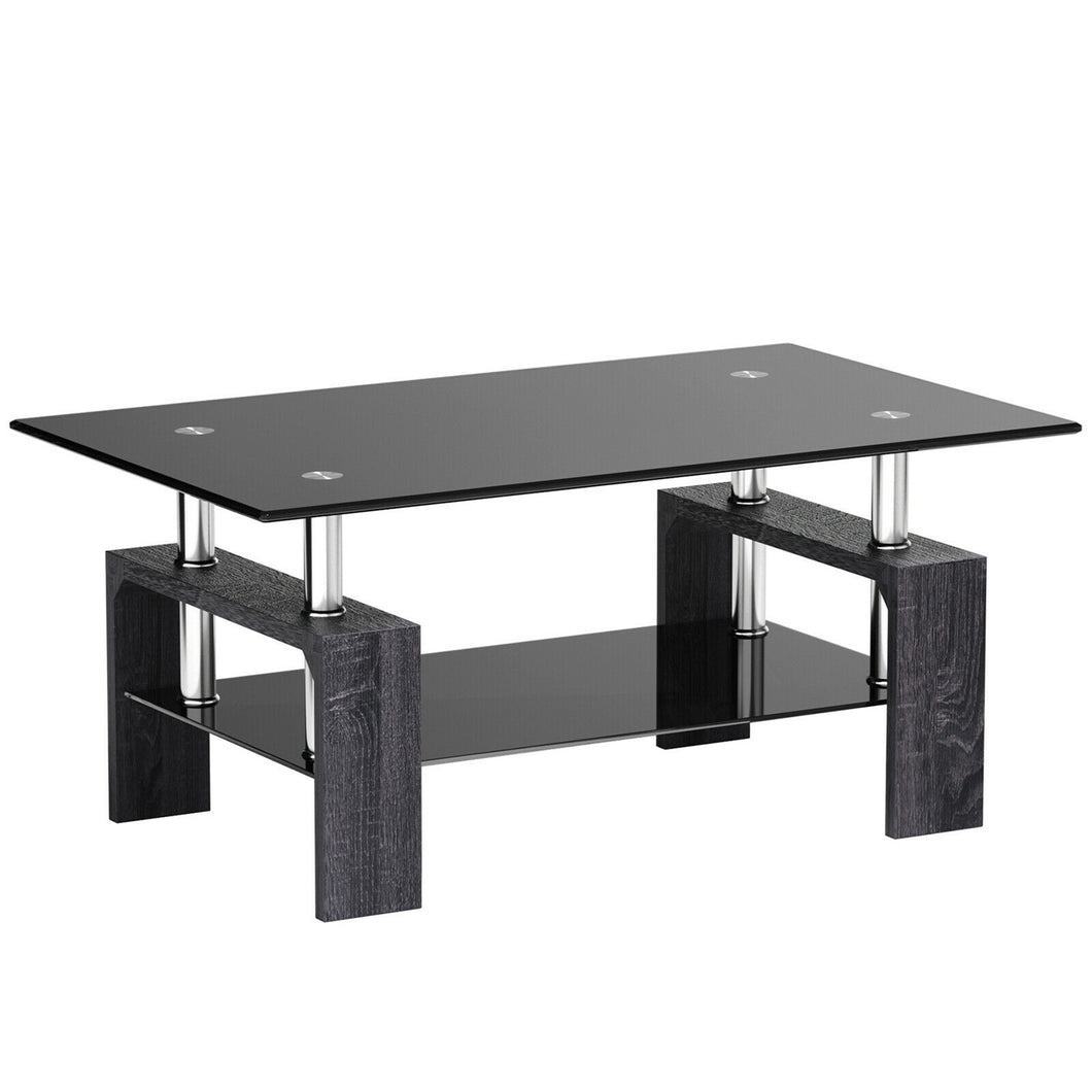 Gymax Rectangular Glass Coffee End Side Table w/ Shelf Living Room Furniture Black