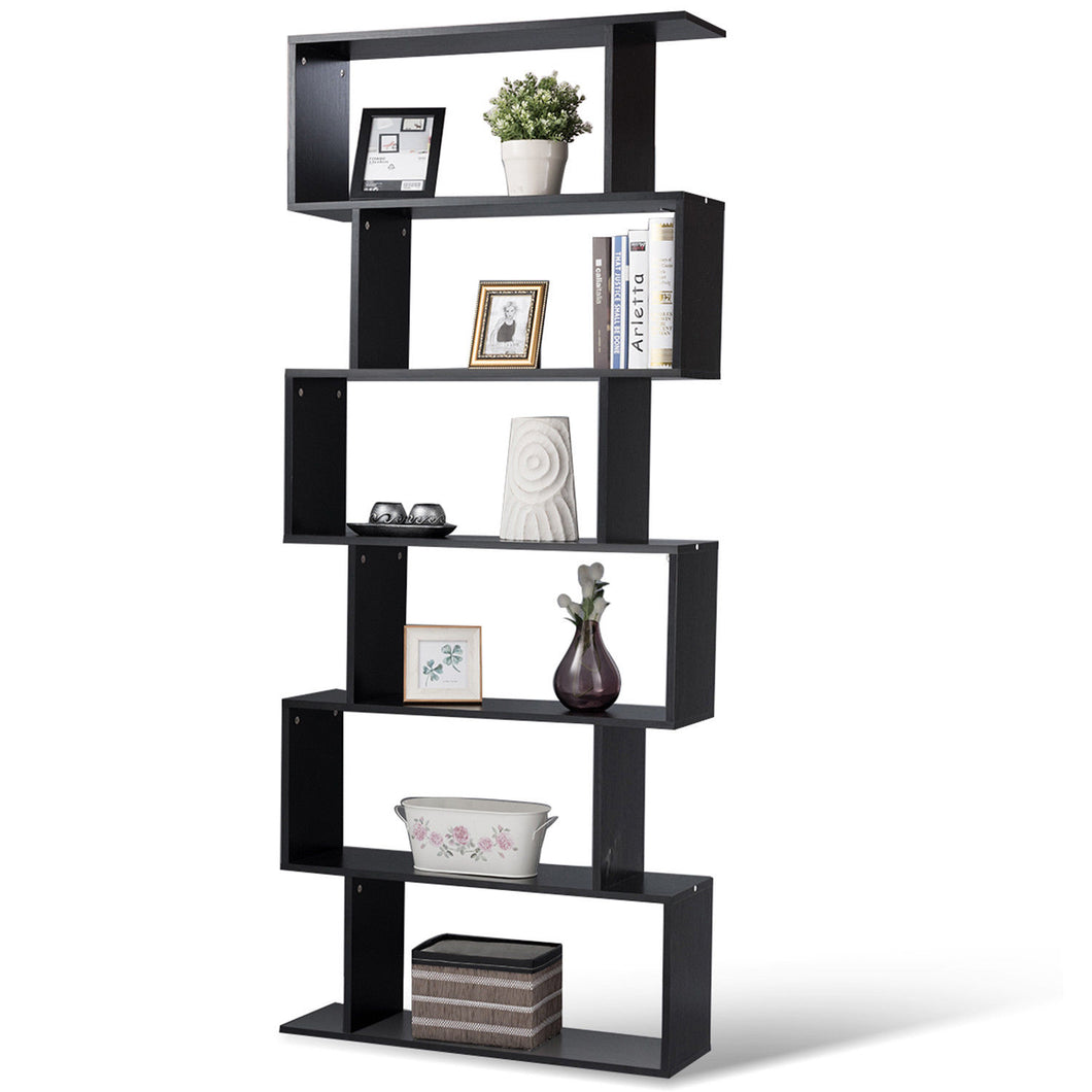 Gymax 6 Tier S-Shaped Bookcase Z-Shelf Style Storage Display Modern Bookshelf Black