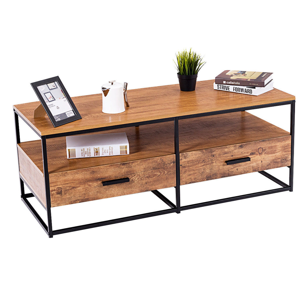 Gymax 47'' 2-Tier Cocktail Coffee Table Metal Desk Shelf Storage Bedroom W/2 Drawer
