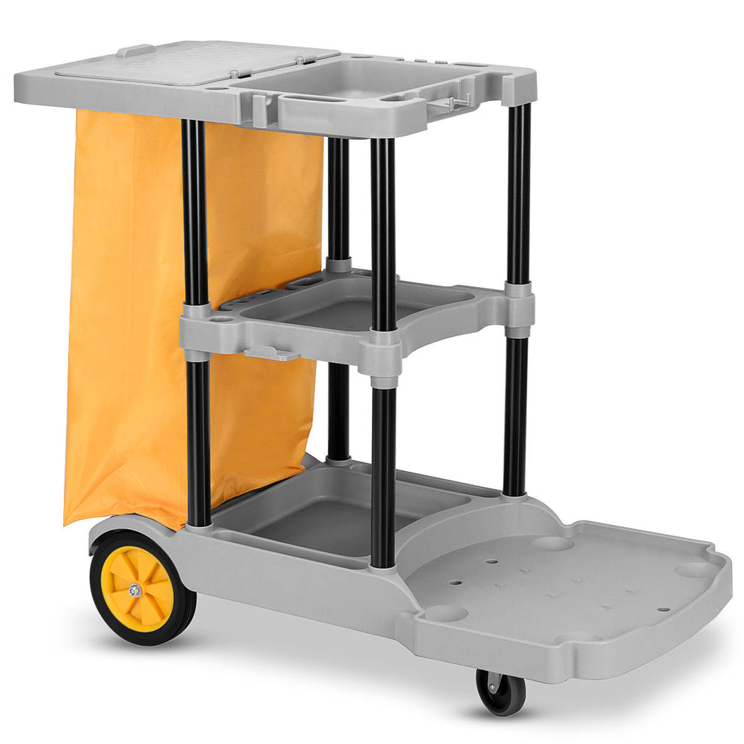 Gymax Commercial Janitorial Cleaning Cart 3 Shelf Housekeeping Ultility Cart Vinyl Bag