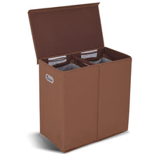 Load image into Gallery viewer, Gymax Double Laundry Hamper Storage Collapsible Basket Organizer Lid Mesh Bags Brown
