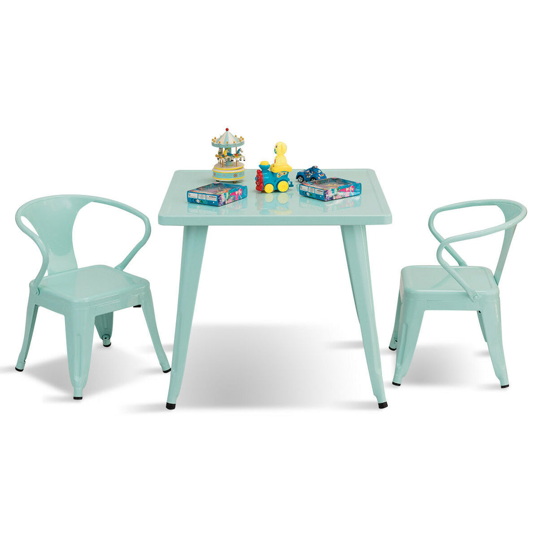 Gymax 3 Pcs Kids Dining Set Square Table & 2 Tolix Armchairs Play Learn Activity Home
