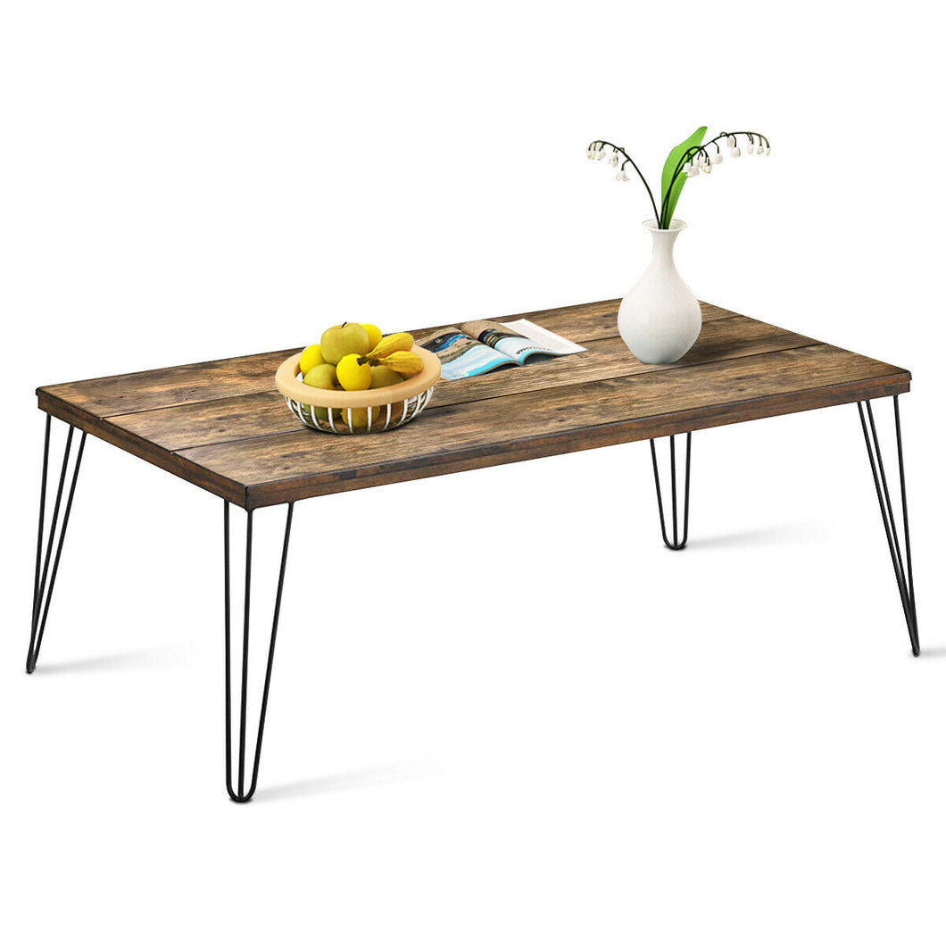 Gymax Rectangular Cocktail Coffee Table Rustic Industrial Solid Wood