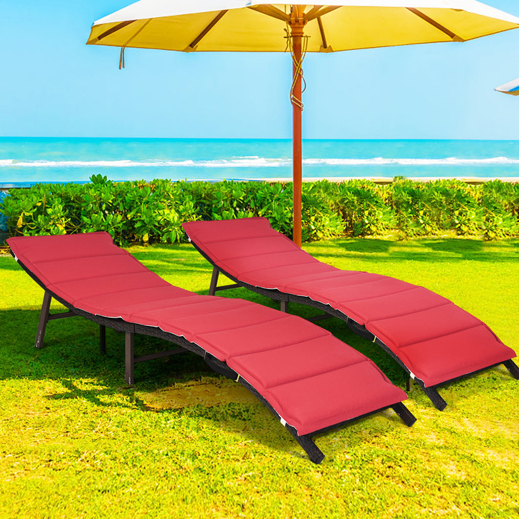 Gymax Set of 2 Folding Wicker Chaise Portable Lounge Chair w/ Double Sided Cushion