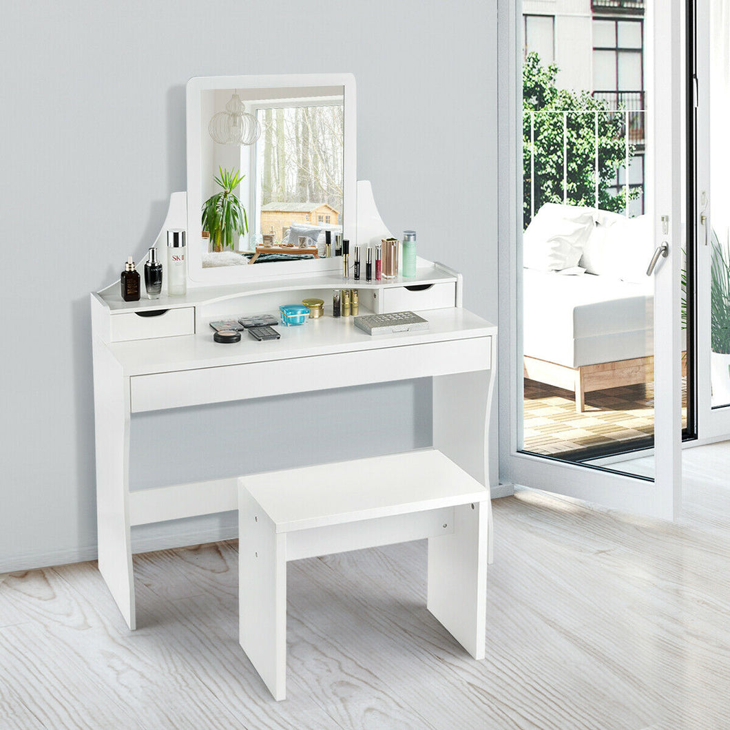 Gymax Vanity Wooden Makeup Dressing Table Stool Set W/Mirror &3 Drawers White