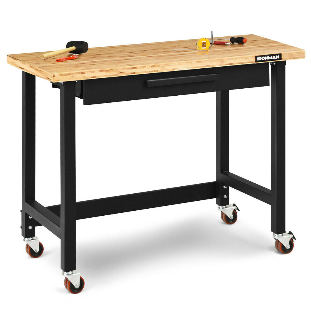 Gymax 48 Inch Mobile Garage Workbench Bamboo Top with Casters and Organizer Drawer