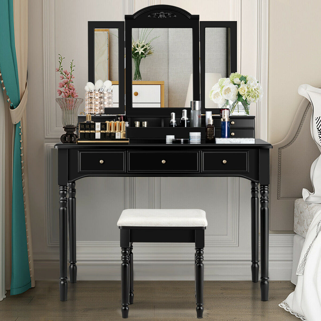 Gymax 7 Drawers Vanity Set Dressing Table w/ Tri-Folding Mirror  Black