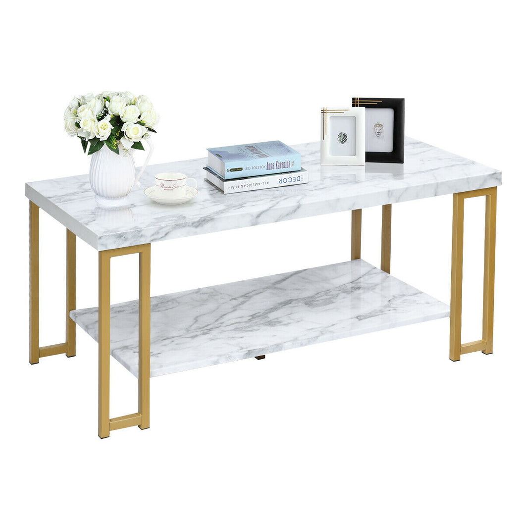 Gymax Modern Coffee Table Faux Marble Top Accent Cocktail Table w/ Gold Metal Frame