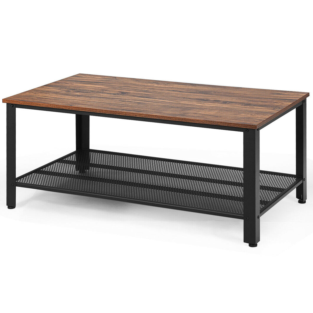 Gymax Coffee Table Console Table with Storage Shelf and Metal Frame Wood Look Brown