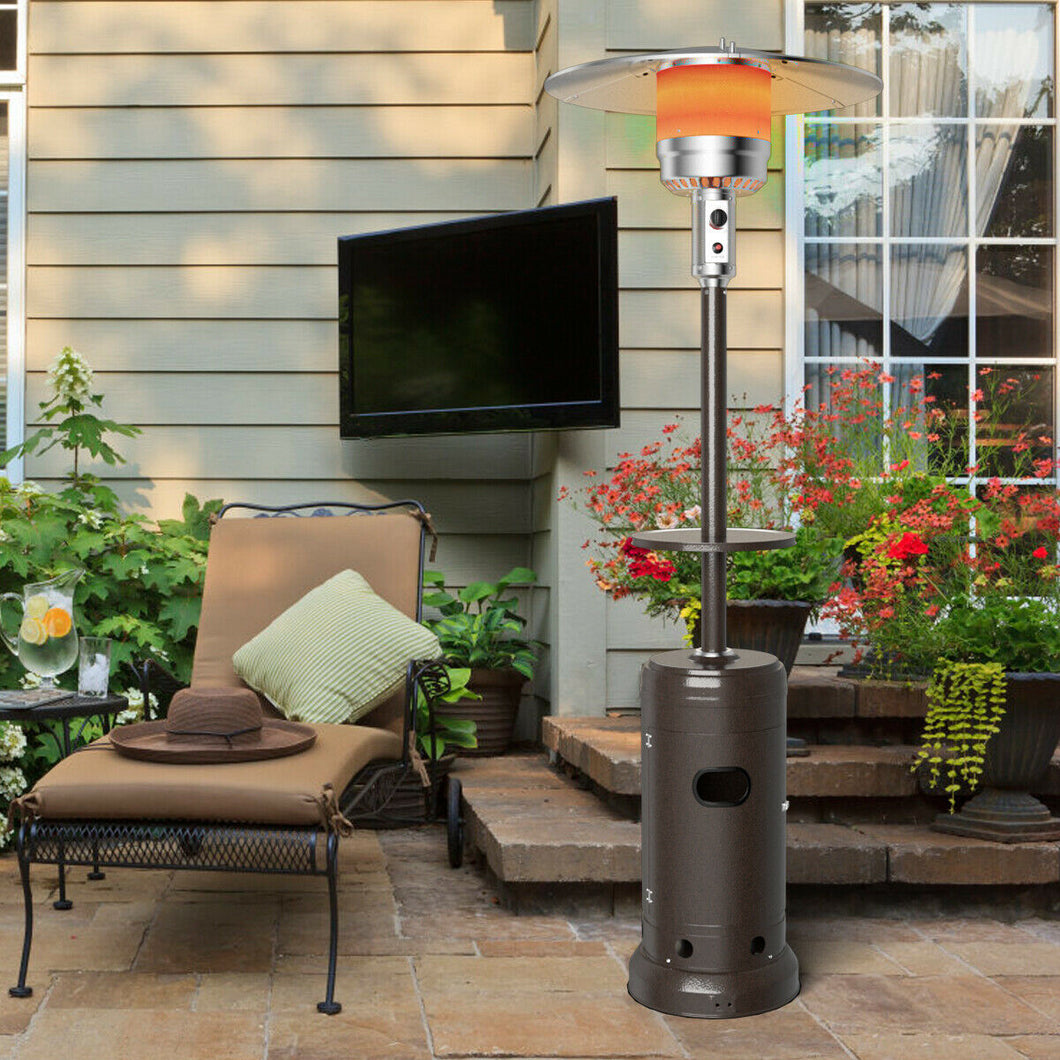 Gymax Outdoor Patio Heater Propane Standing LP Gas Steel W/Table & Wheels Bronze