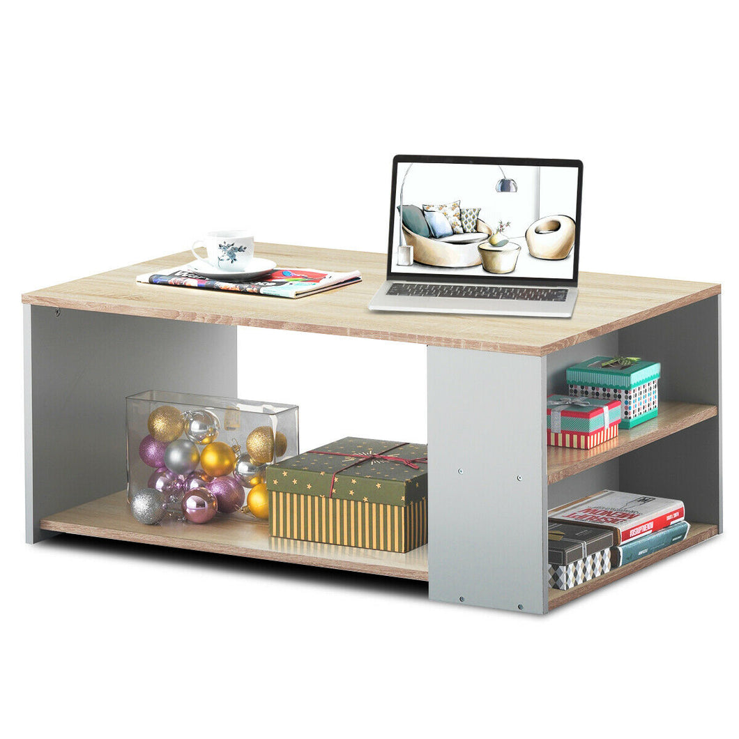 Gymax 2-Tier Coffee Table Sofa Side Table w/ 2 Storage Shelves Living Room Office Oak