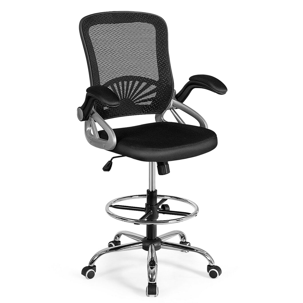 Gymax Mesh Drafting Chair Mid Back Office Chair Adjustable Height Flip-Up Arm Black