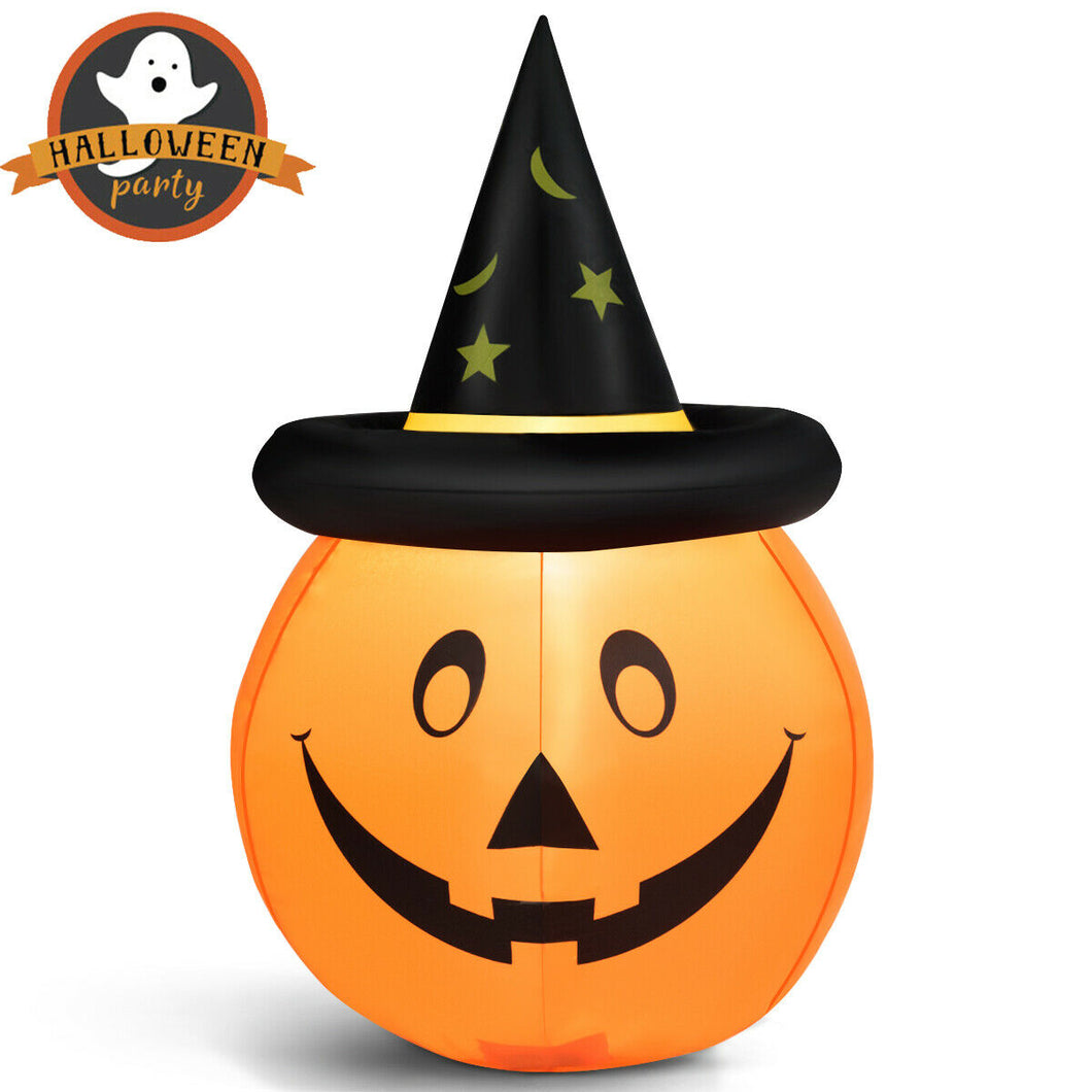 Gymax 4ft Giant Inflatable Capped Pumpkin Lantern w/ LED & Halloween Wizard Witch Hat