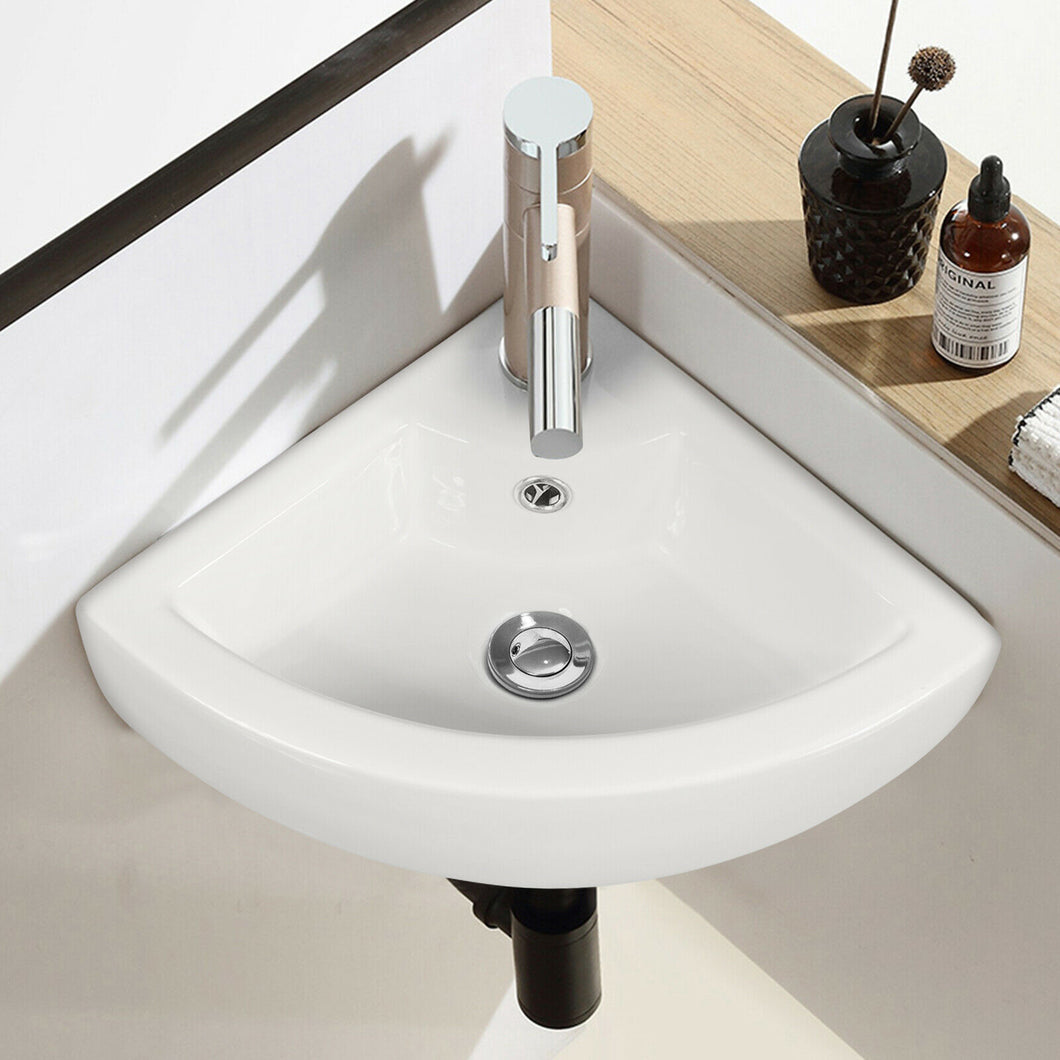 Gymax Wall Mount Corner Ceramic Vessel Sink Angled Art Basin w/ Overflow & Faucet Hole