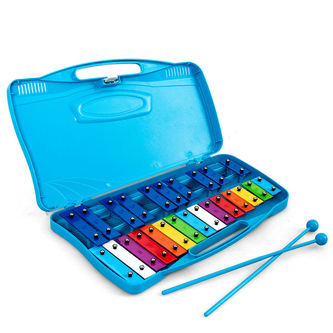 Gymax 25 Notes Kids Glockenspiel Chromatic Metal Xylophone w/ Blue Case and 2 Mallets