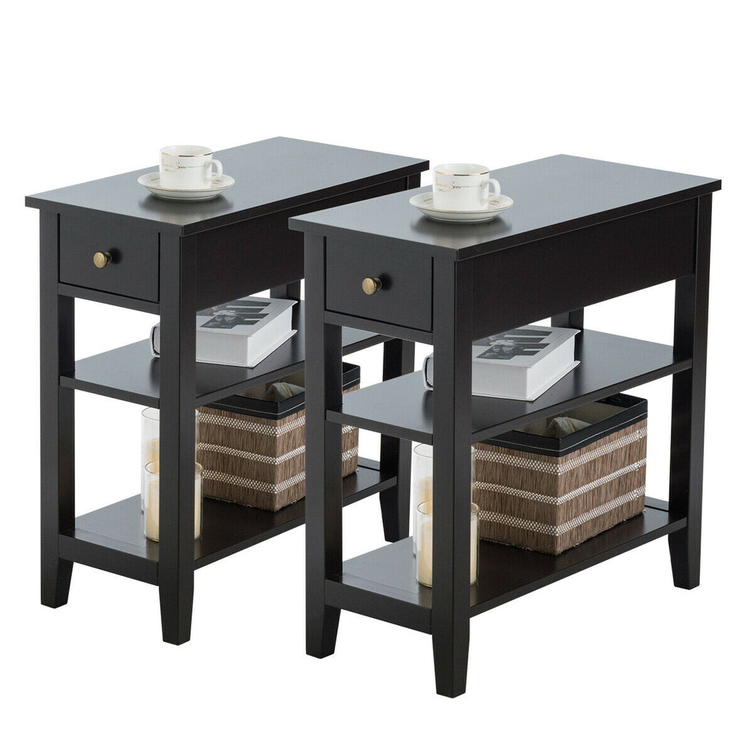 Gymax Set of 2 3-Tier Nightstand Bedside Side End Table w/Double Shelves Drawer Black