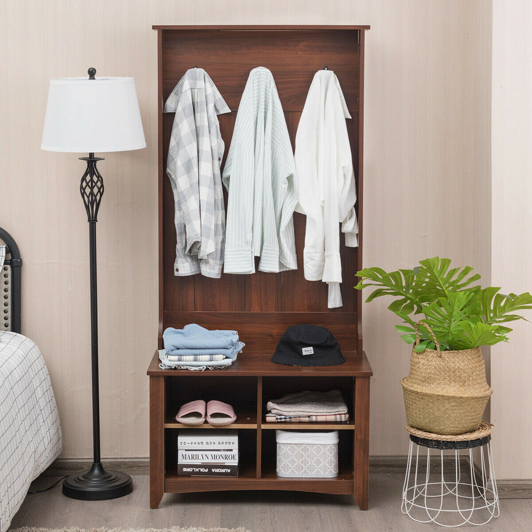 Gymax Hall Tree Storage Bench Entry Stand Hat Coat Rack with Shelf & 3 Hooks Organizer