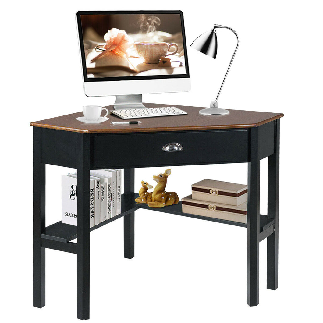 Gymax Corner Computer Desk Laptop Writing Table Workstation W/ Drawer & Shelves Brown/White/Gray