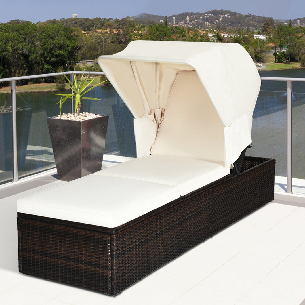 Gymax Rattan Chaise Lounge Cushioned Chair W/Adjustable Canopy Patio