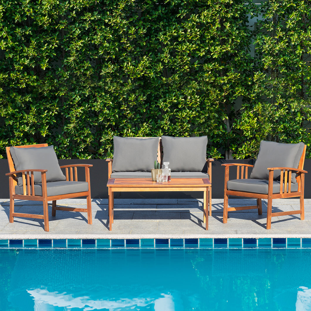Gymax 4pcs Wooden Patio Furniture Set Table & Sectional Sofa Garden