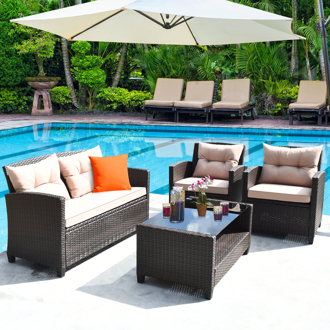Gymax 4pcs Outdoor Rattan Furniture Set Cushioned Sofa w/Armrest Home