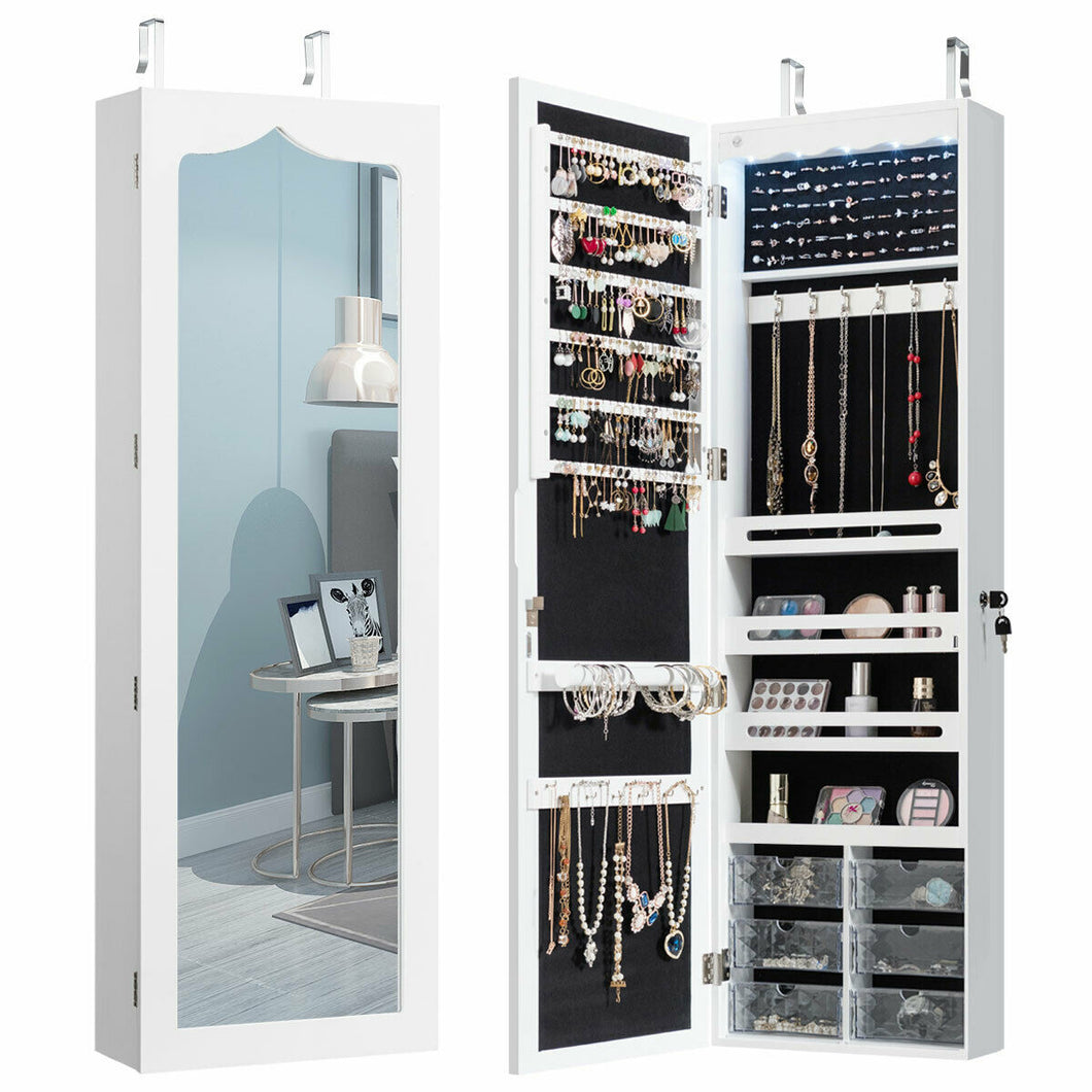 Gymax Wall Door Mounted Jewelry Cabinet Organizer LED Mirror White