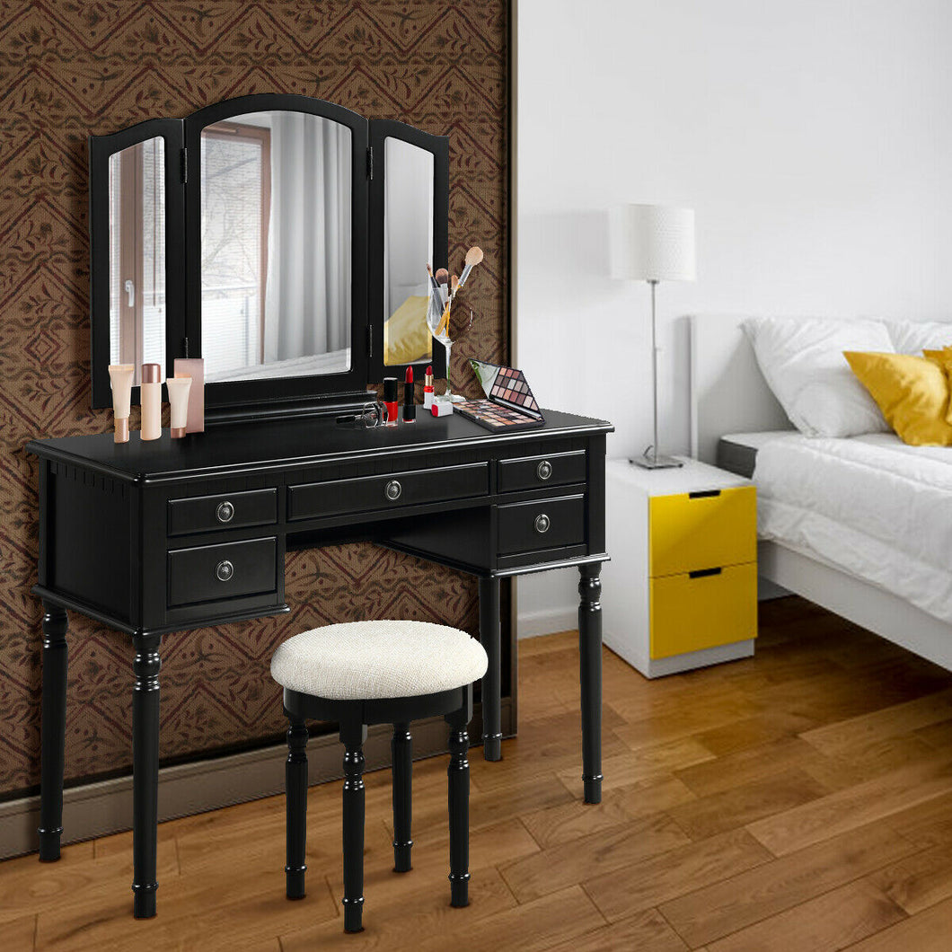 Gymax Wooden Vanity Make Up Dressing Set Tri-Fold Mirror w/Stool Black