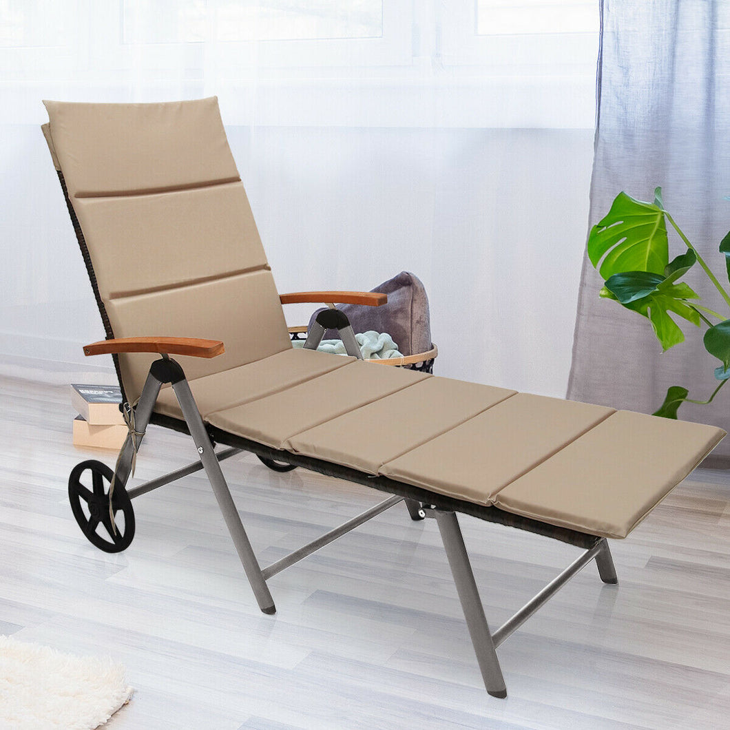 Gymax Folding Patio Rattan Lounge Chair Chaise Cushioned Aluminum Adjust Wheel