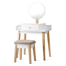 Load image into Gallery viewer, Gymax Makeup Dressing Table Stool Wooden Vanity Set w/ Round Mirror Drawer
