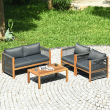 Load image into Gallery viewer, Gymax 4PCS Acacia Wood Outdoor Patio Furniture Set Cushioned Sofa W/Nylon Rope Armrest
