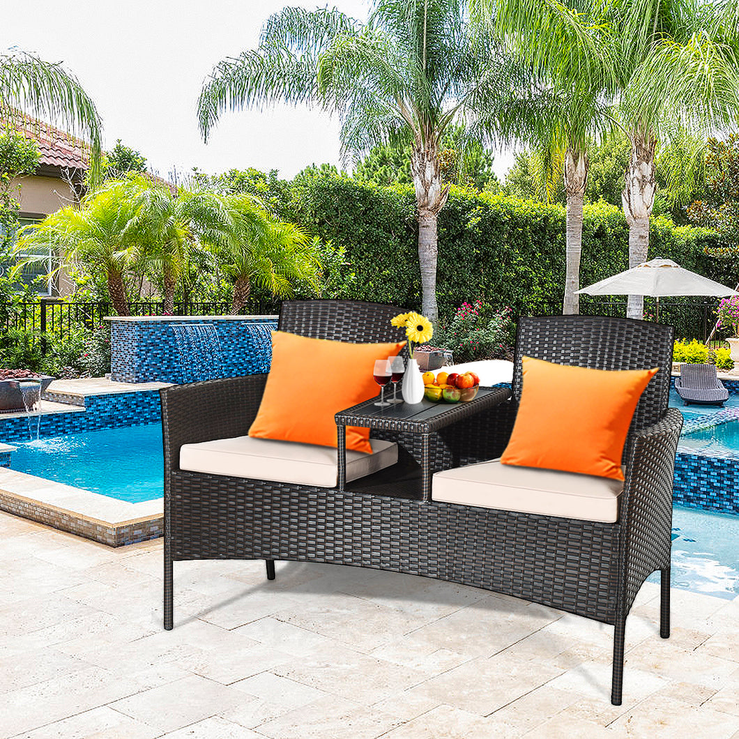 Gymax Brown Cushioned Rattan Wicker Patio Conversation Set Loveseat Table
