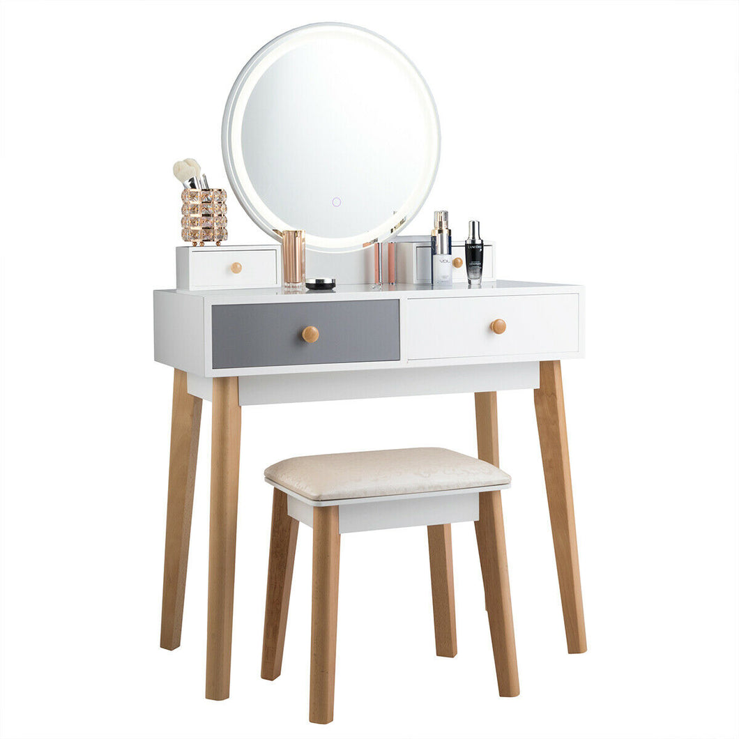 Gymax Makeup Dressing Vanity Table Set w/ Touch Screen Dimming Mirror Stool