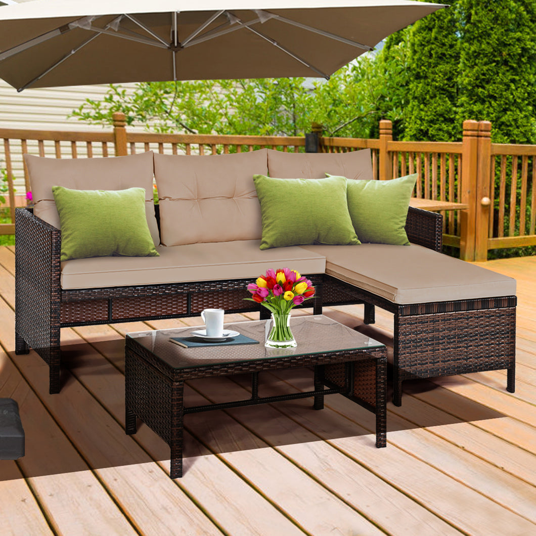 Gymax 3PC Rattan Furniture Sofa Lounge Chaise Set Outdoor Patio Garden