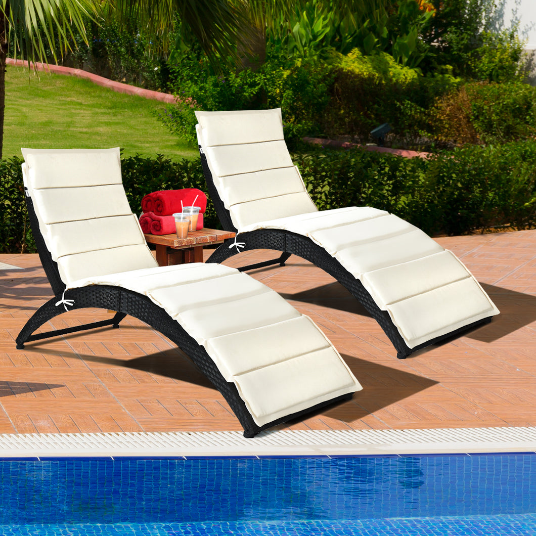 Gymax 2PCS Foldable Rattan Wicker Chaise Lounge Chair w/ Cushion Patio Outdoor