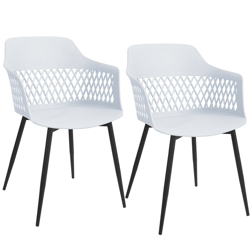 Gymax Set of 2 Dining Chair Modern Hollow Back Plastic Arm Chair w/ Metal Legs White